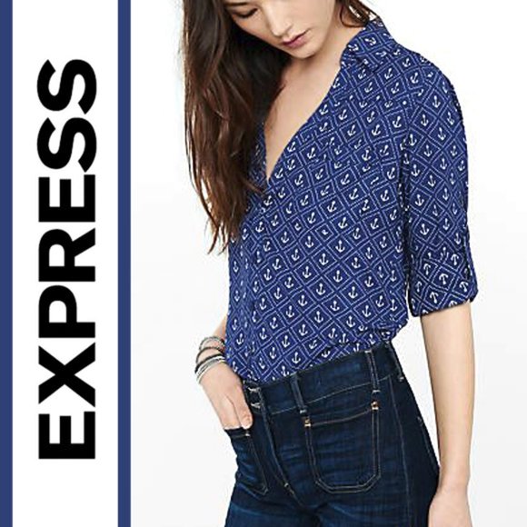 Express | 'Nautical Anchor' Printed Original Fit Portofino Shirt - Picture 1 of 9